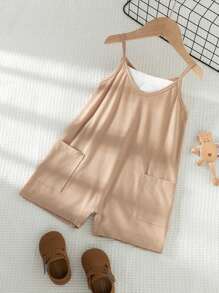 SHEIN Vintaside Kids Young Girl Vacation Dual-Pocket Jumpsuit Sleeveless Shorts, Summer