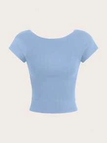 SHEIN MOD Áo thun hở vai tay ngắn hở lưng đơn giản gợi cảm, mùa hè cho nữ - Màu xanh lam - Xem 3