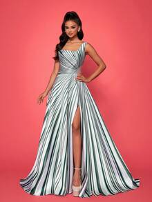 Smilprince 高端拼色条纹高开叉优雅正式晚礼服 - 綠色 - 查看 7
