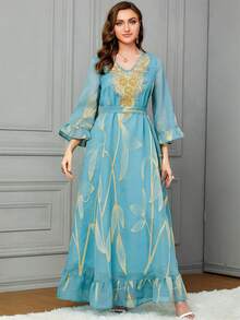 SISKAKIA Botanical Applique Decor Flare Sleeve Arabic Style Dress - Blue - View 5