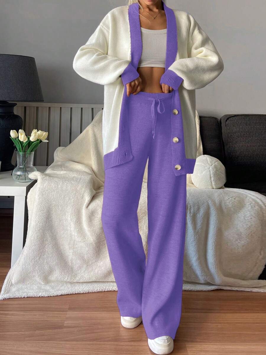 EURMUSE Color-block Drop Shoulder Sweater Cardigan And Solid Color Wide Leg Pants Two Piece Set - Purple - View 1