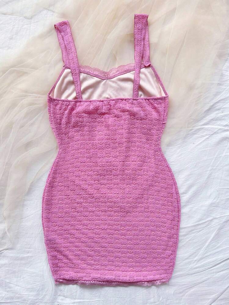 Plus Size Pink Lace Neckline & Hem Bow Knot Bodycon Cami Dress For Summer