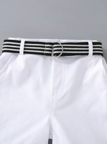 SHEIN Conjunto informal de 2 piezas de camisa de manga corta con estampado de caballero y pantalones cortos para niños, adecuado para escapadas, vacaciones, viajes, relajación, tomar el sol, verano
