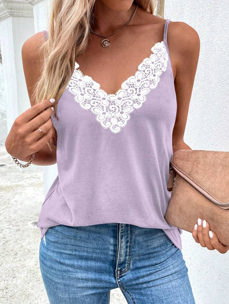 SHEIN LUNE Women's Casual Lace Tank Top For Spring/Summer Everyday Outfit