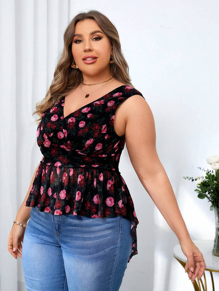 Women's Plus Size Floral Printed Ruffle Hem Camisole Top