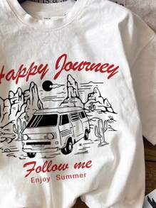 Attitoon Casual Minimalist Car, Cactus, Western Design Round Neck Loose Short Sleeve T-Shirt For Women