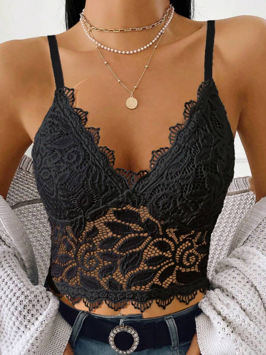 Breezaya Slim Fit V-Neck Water Soluble Lace Camisole - Black - View 1