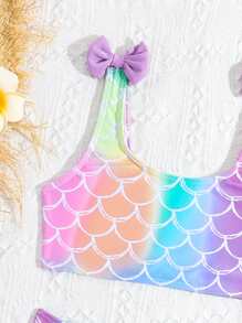 年轻女孩美人鱼鳞片印花比基尼套装，带蝴蝶结夏季海滩 - 淡紫色 - 查看 3