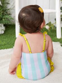 Đứa bé gái Sọc Tim In Ruffled Áo tắm một mảnh Với băng đô - Nhiều màu - Xem 5