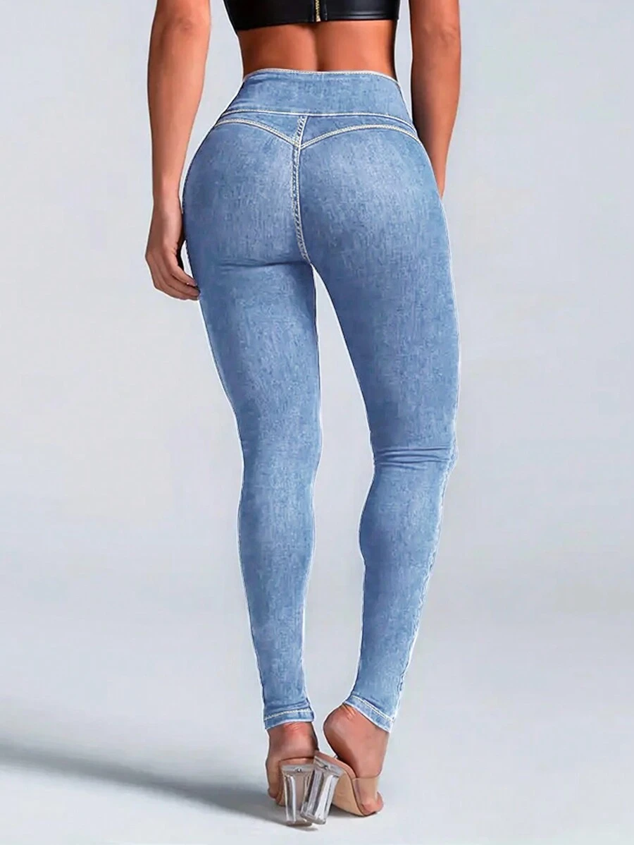 High Waist Button Up Skinny Jeans - Women's Autumn Clothing - Light Wash - View 1