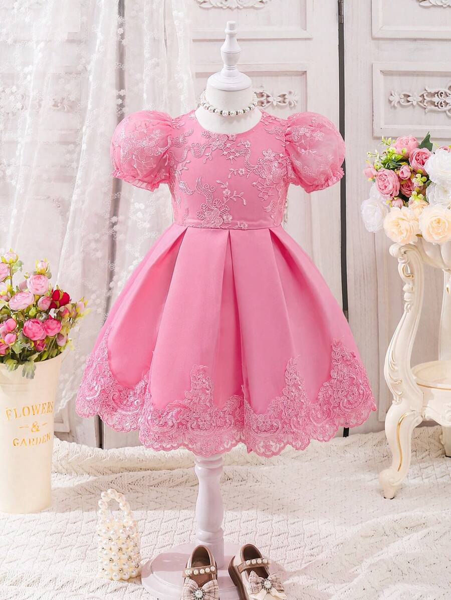 SHEIN Young Girls Elegant Lace Puff-Sleeve Dress