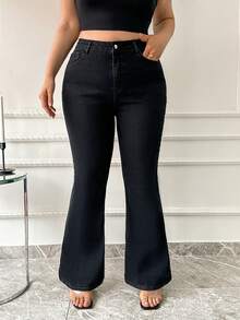 SHEIN Cottnline Plus High Waist Flare Leg Jeans - الأسود - مشاهدة 6