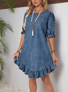 EMERY ROSE Women Simple Round Neck Denim Dress With Ruffle Trim - Medium Wash - View 6