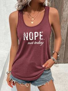 INAWLY 女士夏季無袖背心上衣，印有字母和圓領設計，適用於休閒場合 - 紅木色 - 查看 6