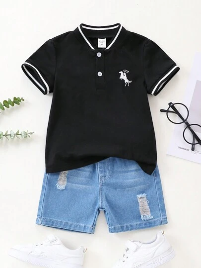 SHEIN Camisa tipo polo de manga corta con cuello con cierre parcial estilo casual deportivo, con bordado de caballo - diseño versátil y cómodo, apropiado para salidas, escuela, fiestas, vacaciones, primavera y verano