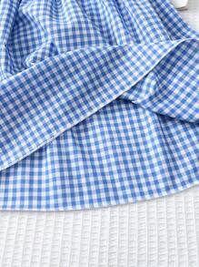 Young Girls' Dopamine Polka Dot Ribbon Strap Dress, Ruffled Top With Small Gingham Print, Countryside Style Children Dress - Blue - View 5