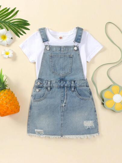 Young Girl Washed Ripped Raw Hem Short Denim Dress For Summer, School, Campus, College