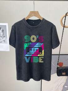 女士夏款錄音帶和信件圖案短袖T恤 - 黑色 - 查看 1