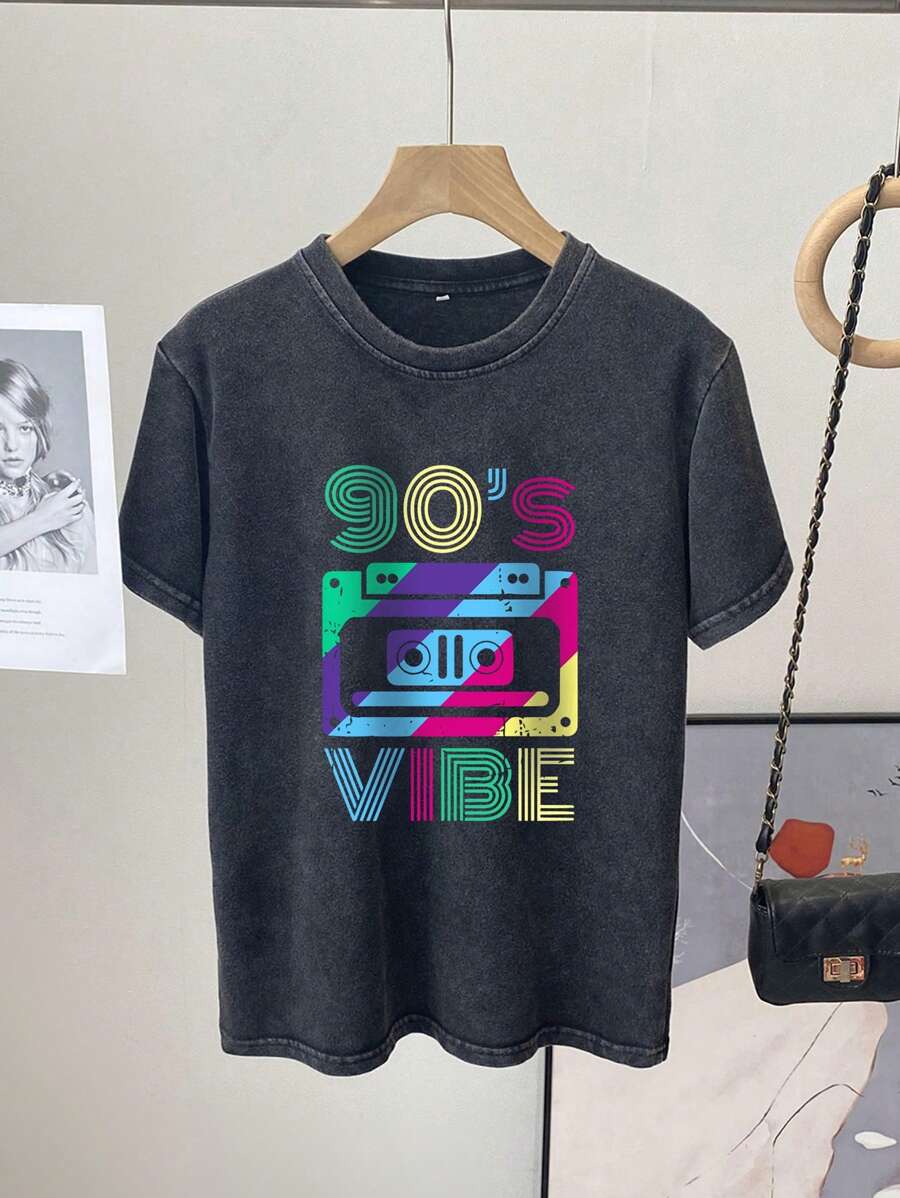 女士夏款錄音帶和信件圖案短袖T恤 - 黑色 - 查看 1