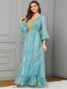 SISKAKIA Botanical Applique Decor Flare Sleeve Arabic Style Dress - Blue - View 4