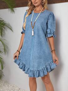 SHEIN LUNE Vestido sencillo de mezclilla para damas con escote redondo con volantes - Lavado ligero - Ver 6