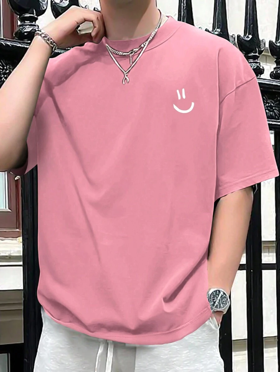 Claim Dot Men Summer Casual T-Shirt With  Face Print And Round Neck Short Sleeves, 2000s Style