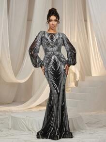 Faeriesty Graphic Sequin Lantern Sleeves Mermaid Dress - Silver - View 2