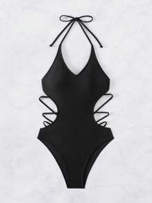 SHEIN Swim Ladies Solid Color Hollow Out Halter Neck Backless Monokini Swimsuit Summer