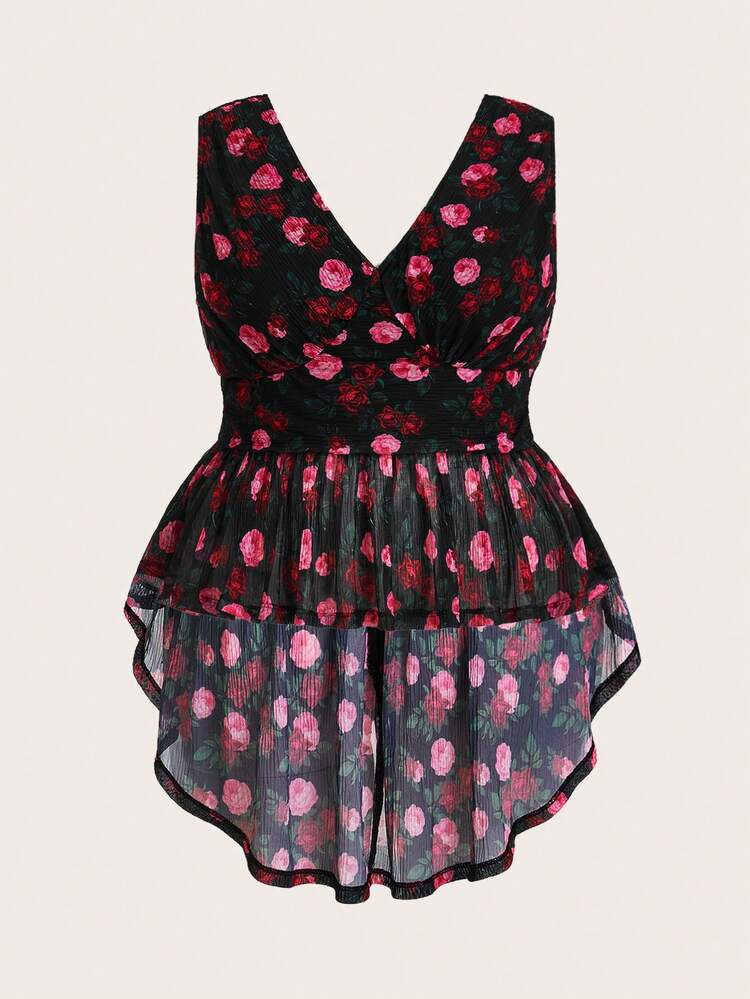 Women's Plus Size Floral Printed Ruffle Hem Camisole Top