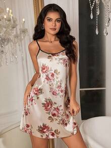 Váy ngủ giả lụa in hoa cho mùa hè - Màu be - Xem 3