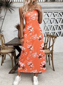 SHEIN LUNE 不对称剪裁印花时尚吊带连衣裙（大下摆花卉印花长裙）长款女装 - 橘色 - 查看 5