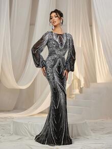 Faeriesty Graphic Sequin Lantern Sleeves Mermaid Dress - Silver - View 6