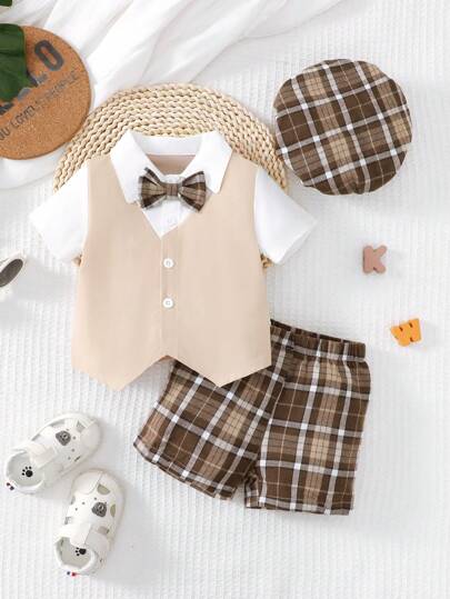 Souflis Souflis 绅士风格男婴格子短裤套装，配领结，2 合 1 短袖衬衫和帽子，校服，适合圣诞节