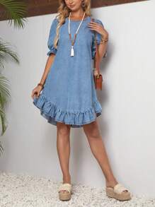 SHEIN LUNE Vestido sencillo de mezclilla para damas con escote redondo con volantes - Lavado ligero - Ver 3