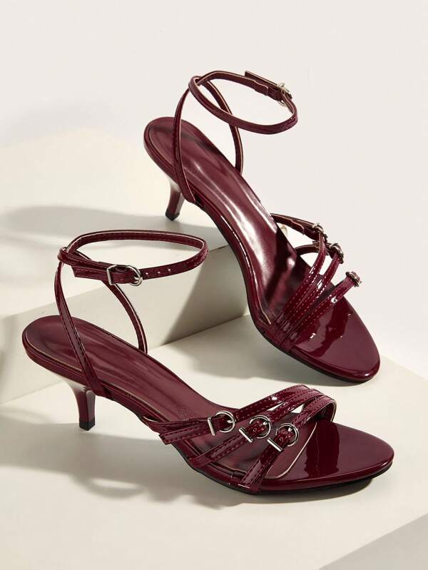 Sexy Wine-Red Buckle Strap High Heel Sandals For Wedding Or Party