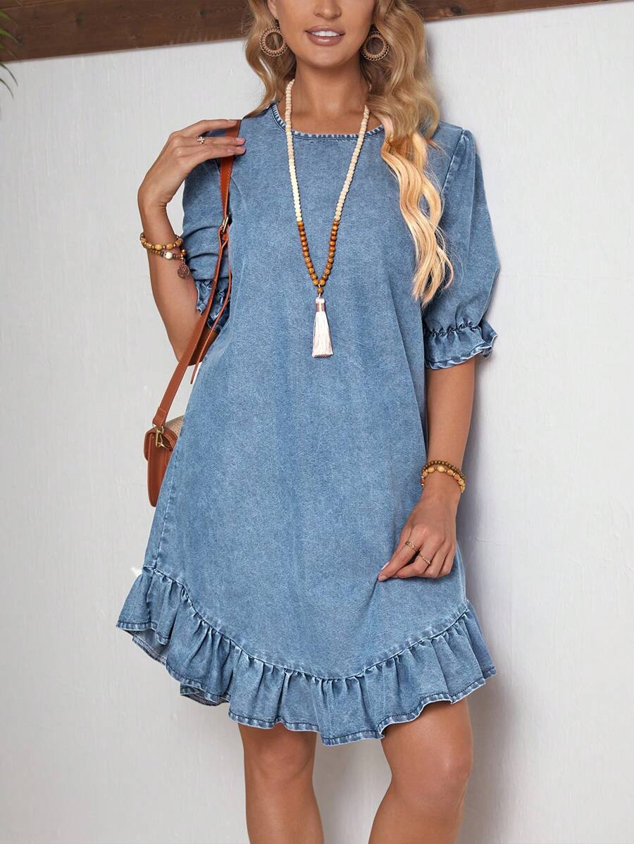 SHEIN LUNE Vestido sencillo de mezclilla para damas con escote redondo con volantes - Lavado ligero - Ver 1