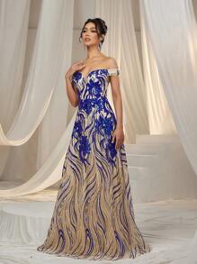 Faeriesty 优雅的露肩正式晚礼服，适合女士穿着，配有紧身胸衣腰带和花卉贴花亮片刺绣。可拆卸腰带和美人鱼下摆，适合黑色领带晚会、红毯活动、歌剧之夜、颁奖典礼和慈善舞会。 - 寶藍色 - 查看 6