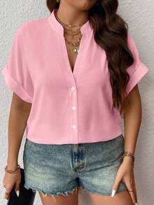 Calvaya Plus Size Women Texture Fabric Batwing Dolman Sleeve Shirt - Pink - View 3