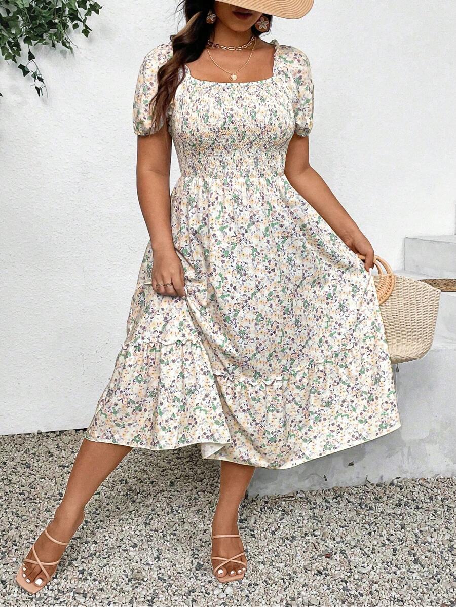 Flirla Vestido con mangas abullonadas con estampado floral pequeño para vacaciones de talla grande - Amarillo - Ver 1