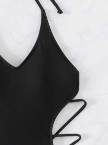 SHEIN Swim Ladies Solid Color Hollow Out Halter Neck Backless Monokini Swimsuit Summer