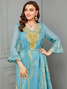 SISKAKIA Botanical Applique Decor Flare Sleeve Arabic Style Dress - Blue - View 6