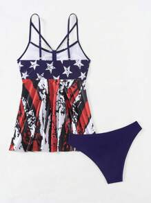 Swim Lushoire 美國國旗印花夏季沙灘泳衣套裝，隨機印花 - 彩色 - 查看 5