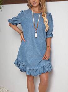 SHEIN LUNE Vestido sencillo de mezclilla para damas con escote redondo con volantes - Lavado ligero - Ver 5