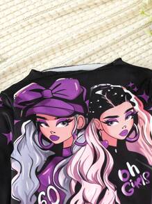 SHEIN 少女長款卡通印花上衣和喇叭褲仿真休閒套裝,適用於秋冬季節 - 紫色 - 查看 6