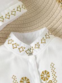 SHEIN New Spring/Autumn Baby Boys' Casual  Elegant Style Printed Long-Sleeved Comfortable Jumpsuit With Cap Set - White - View 5