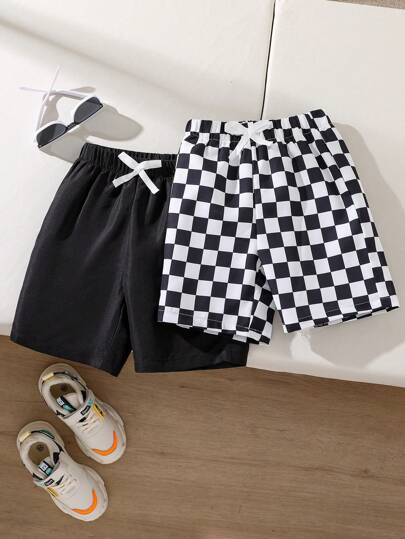 SHEIN Mirajuku Young Boy 2pcs Comfortable And Breathable Black And White Colored Shorts For Casual Daily Wear, Ideal For Summer