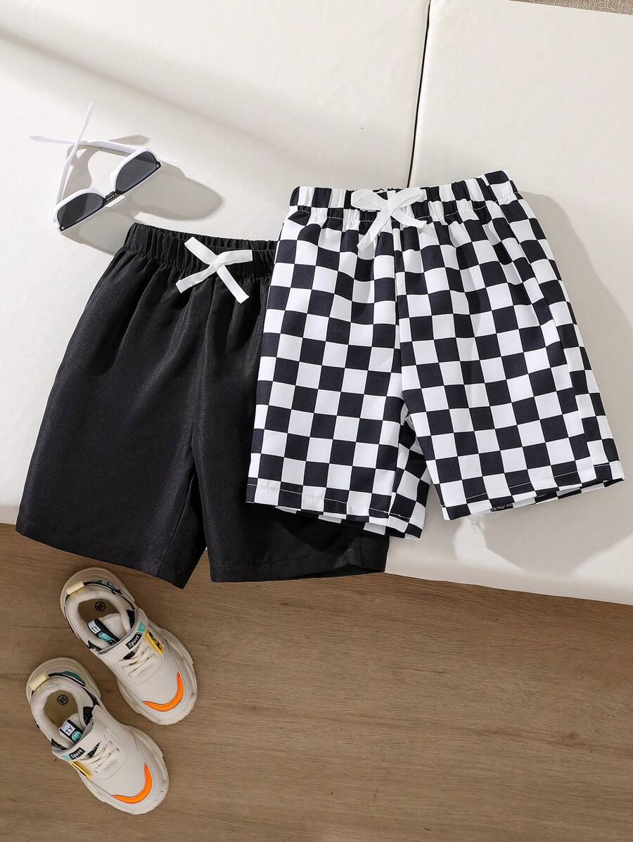 SHEIN Young Boy 2pcs Comfortable And Breathable Black And White Colored Shorts For Casual Daily Wear, Ideal For Summer - Multicolor - View 1