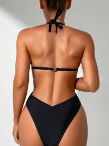SHEIN Swim Mujeres traje de baño de una pieza con detalles redondos, calado, cuello halter y ajuste delgado para la playa del verano - Negro - Ver 1