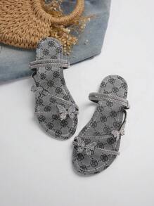 Colorful Rhinestone Bowknot Multi-Strap Two-Way Wearing Women's Slippers Outdoor Slides Summer/Autumn French Fashion Silver Sandals - Light Grey - View 5