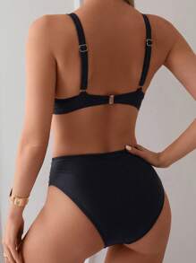 SHEIN Swim 純色空心背帶比基尼雙件套裝，夏季沙灘 - 黑色 - 查看 3